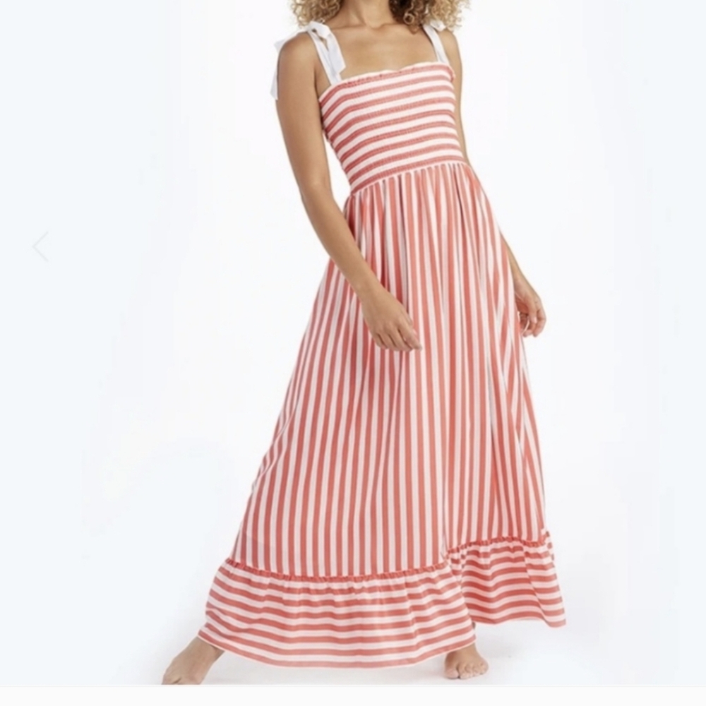 The Smocked Maxi Dress - Nautical Stripe in Nantucket Red